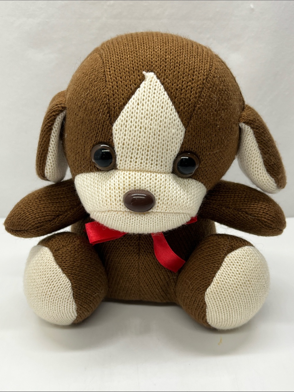 Plush Brown & Cream Dog Plush Toy with Red Bow
